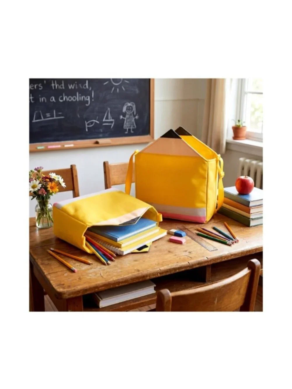 Pencil Shaped Tote Bags Set Yellow Teacher Back-To-School Supplies
